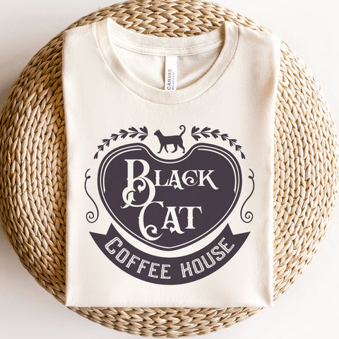 Black cat coffee house t-shirt | Bookish